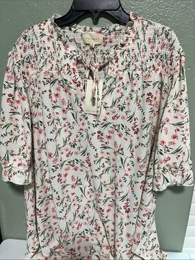 MELLODAY White Floral Smocked Tie-Neck Peasant Tunic
